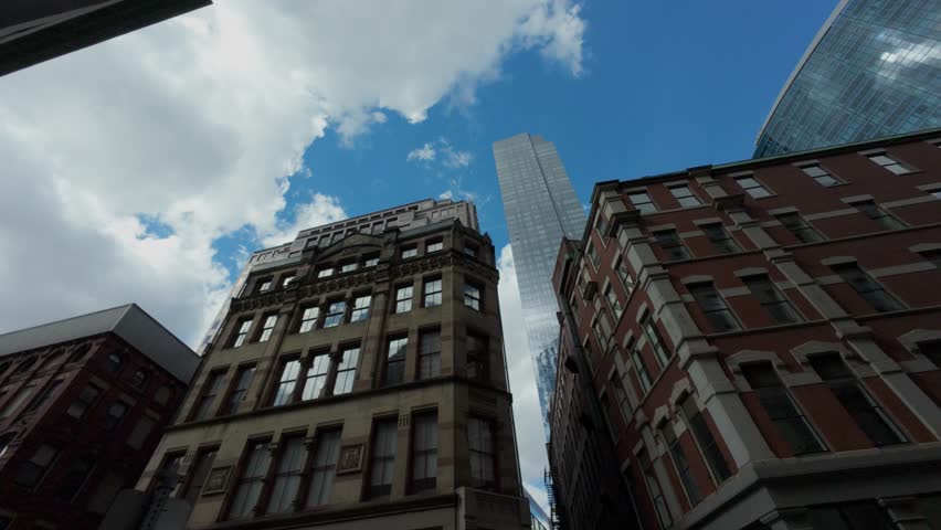 Modern skyscrapers in Boston behind the old buildings. Contrasting Architecture.