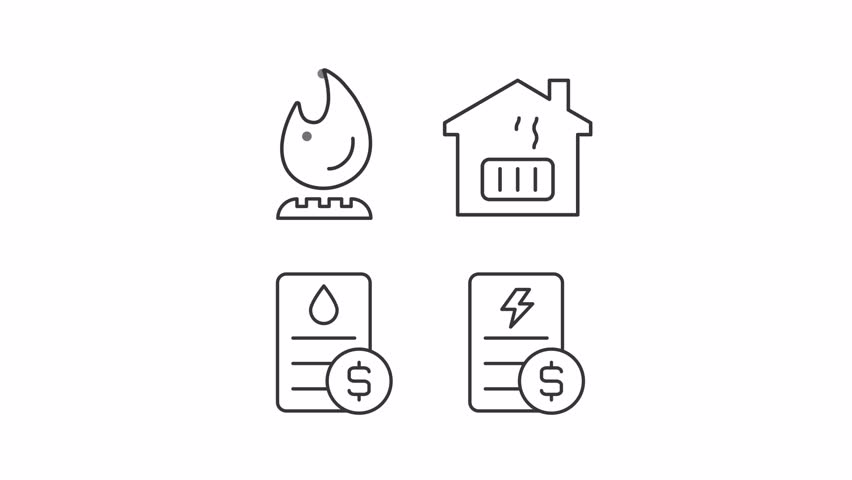 Home utilities line animation set. House expenses animated icons. Stove gas, flame. Heating system. Payment bills, cost. Outline elements on white background. HD video with alpha channel
