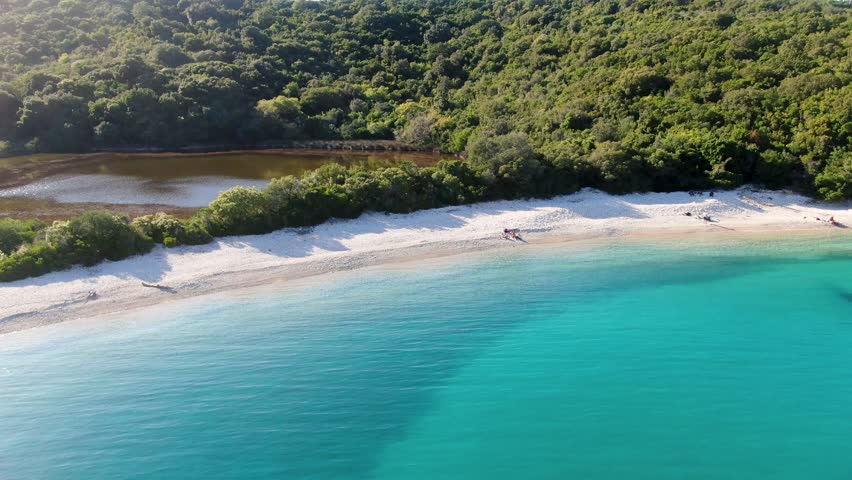 Aerial drone view of beutiful beach in corfu island, Greece