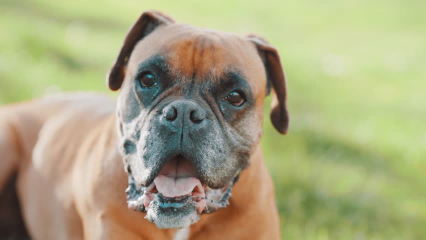 Boxer dog with brown and white coat panting happily, gazing directly at camera while standing in lush green field during bright summer day