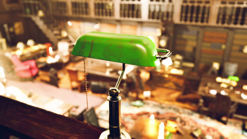An inviting old library features wooden shelves filled with books, cozy reading areas, and a green desk lamp casting a warm glow. This is a perfect spot for quiet reflection and study.