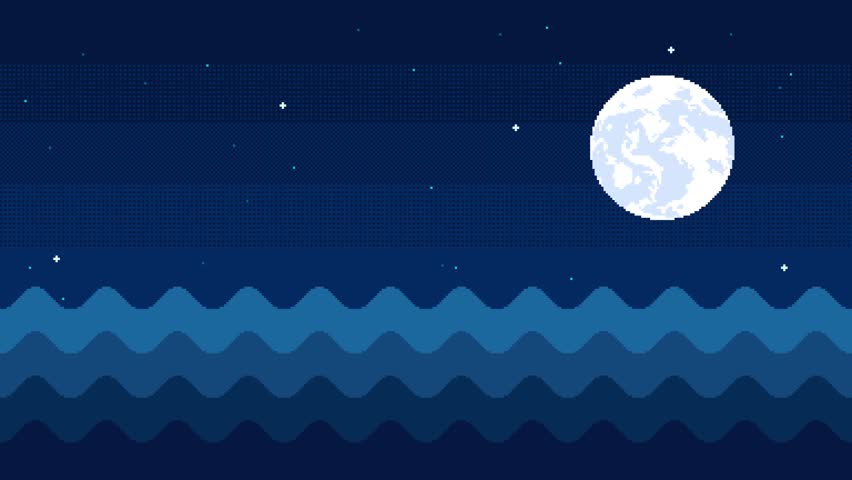 Animated pixel art sea waves background. Seamless loop animation of seascape at night with moon and stars.