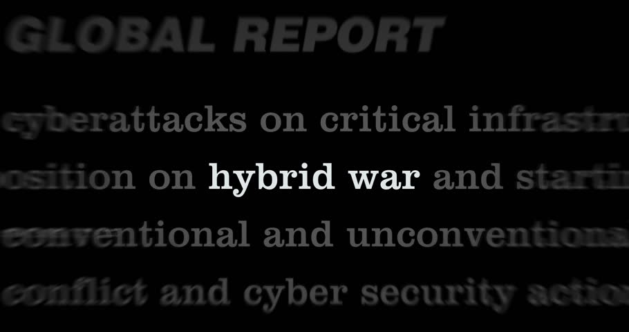 Hybrid war and cyber warfare headline news across international media seamless looped. Abstract concept news titles broadcast on screens loop.