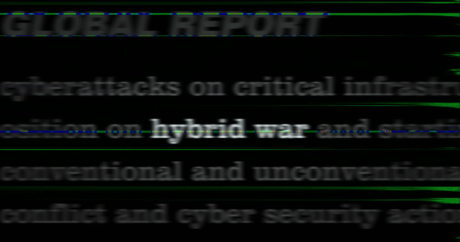 Hybrid war and cyber warfare headline news across international media. Abstract concept of news titles on noise displays loop. TV glitch effect seamless looped.