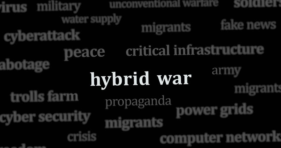 Hybrid war and cyber warfare news titles across international web media search. Abstract concept of internet headline information on dynamic displays animation.