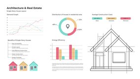 Animated real estate infographic interface with architectural graphs and colorful charts on white background, showing house construction statistics, residential distribution, and energy efficiency - Powered by Shutterstock - Get 15% off with code: PIKWIZARD15