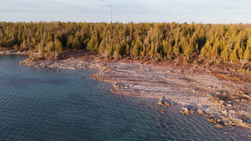 Golden hour drone view of rocky Michigan shoreline lined with dense evergreen forest and glistening blue water