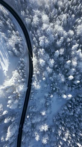Aerial view of black car driving along winding scenic road through snowy mountain forest in winter.