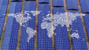 Digital world map infographic glows above solar panel field, energy concept shot - Powered by Shutterstock - Get 15% off with code: PIKWIZARD15