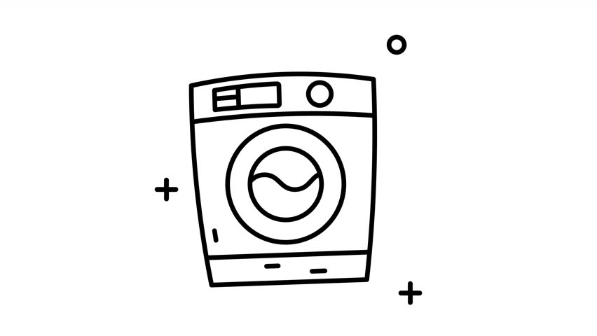 Animated Title Of a washing machine line art, Suitable for home appliance websites, brochures, blog posts, and social media ads focusing on laundry equipment and household essentials.