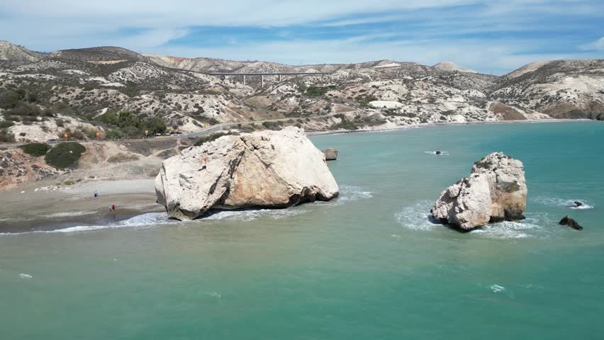 Rock Formations At Petra Tou Romiou Beach In Cyprus. - aerial shot