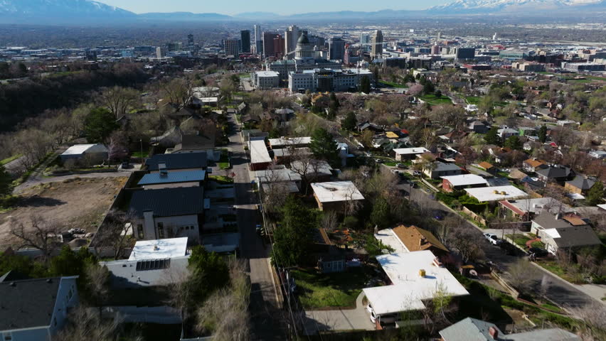 Residential Neighbourhoods With The Utah State Capitol In Salt Lake City, Utah, USA. Aerial Drone Shot