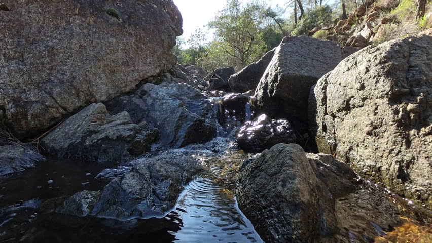 Small Waterfall Flowing Over Large Rocks in a Forested Mountainous Area with Sunlight Reflecting on the Wet Stones