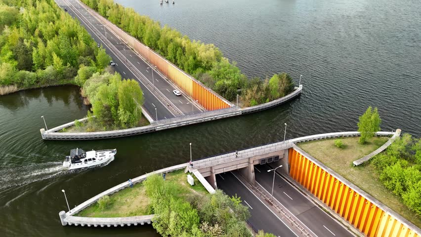 Aerial drone view of a tourist ferry passing over the Veluwemeer aqueduct above the highway. This view showcases the seamless blend of nature and infrastructure. Netherlands