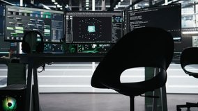 Monitors in data center displaying node tree programming optimizing infrastructure health. Visual programming systems on workstations detecting server room equipment malfunctions, jib up shot - Powered by Shutterstock - Get 15% off with code: PIKWIZARD15