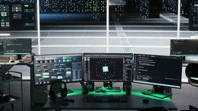 Monitors in data center displaying node tree interfaces monitoring infrastructure health. Visual programming systems on workstations helping identify malfunctions in server room equipment, jib down - Powered by Shutterstock - Get 15% off with code: PIKWIZARD15