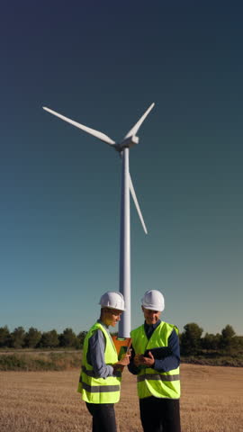 Engineers consulting about wind turbine in field
