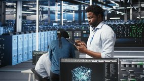 Server farm technician using AI algorithms and node tree systems to categorize unstructured data. Data center worker uses visual programming and natural language processing tools, camera A - Powered by Shutterstock - Get 15% off with code: PIKWIZARD15