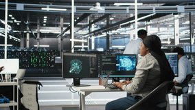 Server room specialist applies artificial intelligence technology to minimize system downtime. African American worker develops and deploys AI solutions to optimize data center equipment, camera A - Powered by Shutterstock - Get 15% off with code: PIKWIZARD15