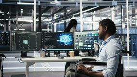 Stressed engineer with paraplegia in data center panicked by AI node tree software critical error. Anxious server hub worker in wheelchair worried by visual programming tool glitching, camera A - Powered by Shutterstock - Get 15% off with code: PIKWIZARD15