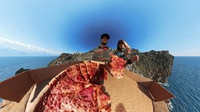Two People Eating Pepperoni Pizza from an Open Box on a Cliffside with a Stunning Ocean View, Captured with a Wide-Angle Perspective Under a Bright Blue Sky - Powered by Shutterstock - Get 15% off with code: PIKWIZARD15