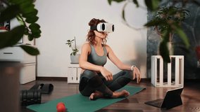 Woman practicing yoga with VR headset home, focusing on mindfulness and inner peace. Immersive digital meditation experience supported by smart wellness technology. Concept sport and virtual reality. - Powered by Shutterstock - Get 15% off with code: PIKWIZARD15