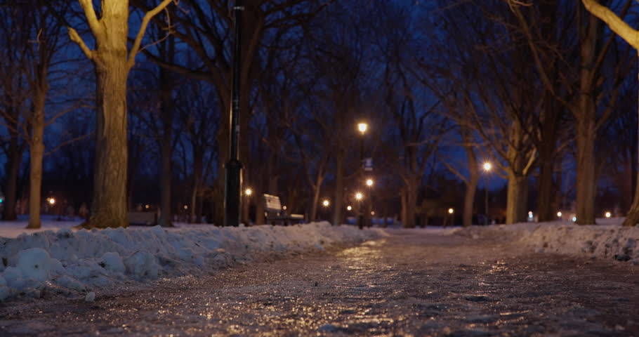 Path In The Park Covered With Snow At Night. - ground level shot
