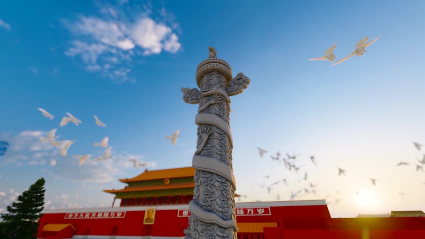 Peace doves flying freely over Tiananmen Square in Beijing, China