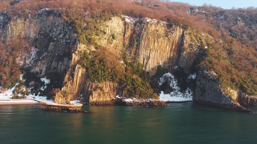 Aerial view of lava columns on Guzelcehisar coast