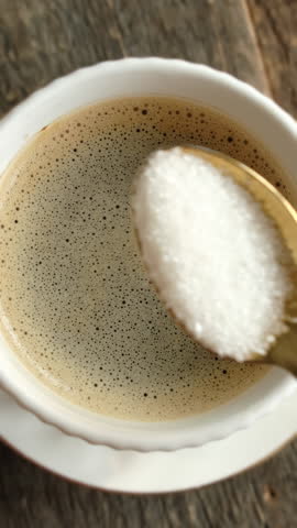Vertical video. Hand stirring sugar in cup of espresso coffee. Morning routine.
