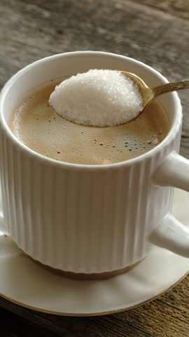 Vertical video. Drinking coffee. Hand stirring sugar in mug of espresso coffee. 