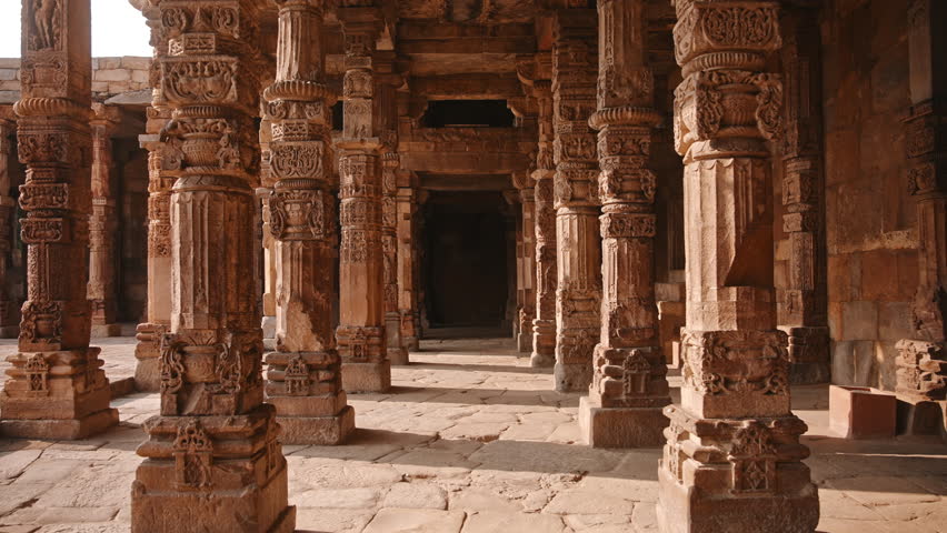 Ancient Temple Columns at Qutub Minar Complex in Delhi