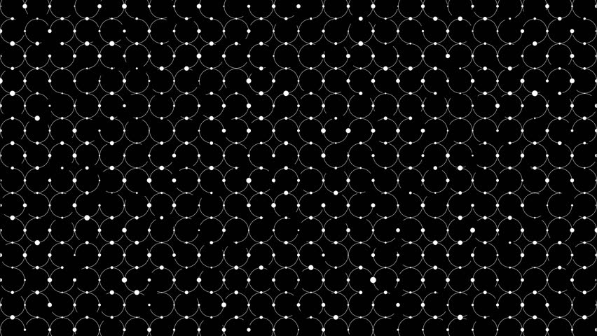 Animation pattern set, seamless loop moving lines, interconnected white circles and small white dots, black and white motion graphics collection for overlay and decorative purposes.
