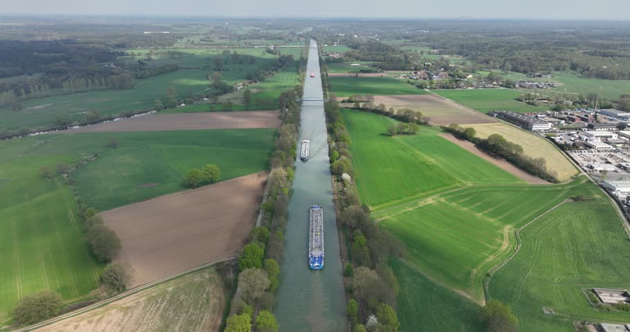 Wesel Datteln canal, inland transportation by ships. Commercial industrial trade and logisitcs over water in Germany.