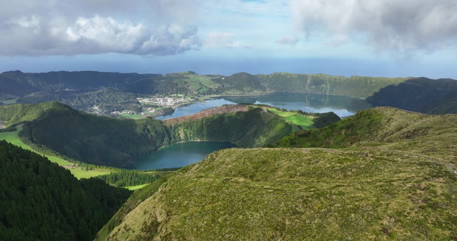 Sete Cidades lake, aerial overview in the Azoren, Sao Miguel, Portugal. Aerial overview.