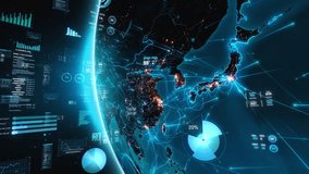 Great Animation of Asia From Space with Financial Charts and Figures. 3D Animation. Futuristic Business and Technology Concept, Artificial intelligence, IOT, AR. China, India, Japan. - Powered by Shutterstock - Get 15% off with code: PIKWIZARD15