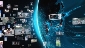 Blue Rotating Earth With Bright Connections Social Media Interfaces, Emoji, Messages and Charts. Futuristic World in Asia with Augmented Reality Elements. People.
 - Powered by Shutterstock - Get 15% off with code: PIKWIZARD15