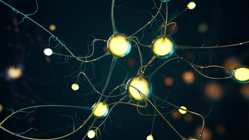 animation of brain cells, visualizing thinking process, blue shooting stars in background