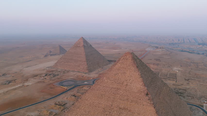 Aerial View Of Pyramids At The Giza Necropolis, Archaeological Site In Cairo, Egypt.