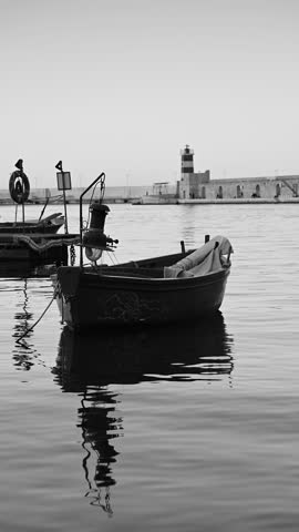 Wooden fishing boat in a small port, sunset light, breakwater, lighthouseblack and white