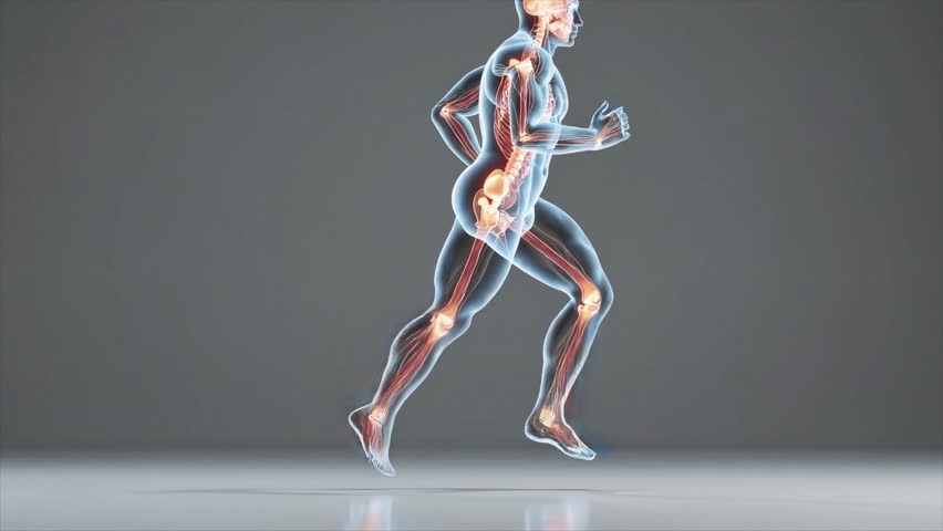 CGI animation of a man running in a cardio exercise, showcasing cardiovascular health, medical anatomy, and the skeletal system in motion.