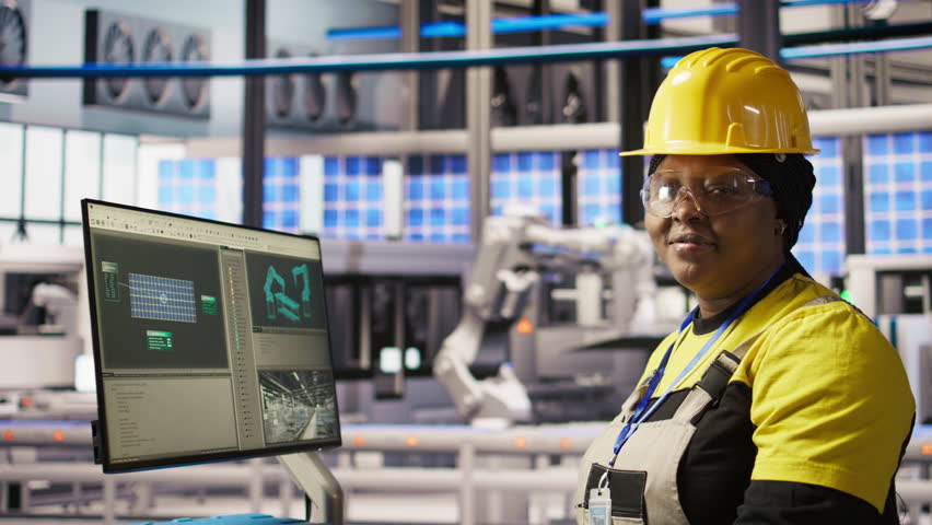 Portrait of smiling technician in industrial plant overseeing solar energy installation process. Happy worker in renewable energy manufacturing facility calibrating automated robotic arms, camera A - Powered by Shutterstock - Get 15% off with code: PIKWIZARD15
