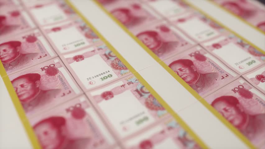 Loop Animation of Chinese Yuan Banknotes on Printing Conveyor