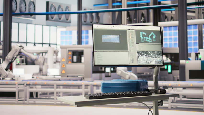 Robotics software on screen in smart factory used to inspect machinery for operational integrity. Monitor in industry 4.0 industrial plant equipped with advanced sensors overseeing gear, panning shot