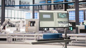 Robotics software on screen in smart factory used to inspect machinery for operational integrity. Monitor in industry 4.0 industrial plant equipped with advanced sensors overseeing gear, panning shot - Powered by Shutterstock - Get 15% off with code: PIKWIZARD15