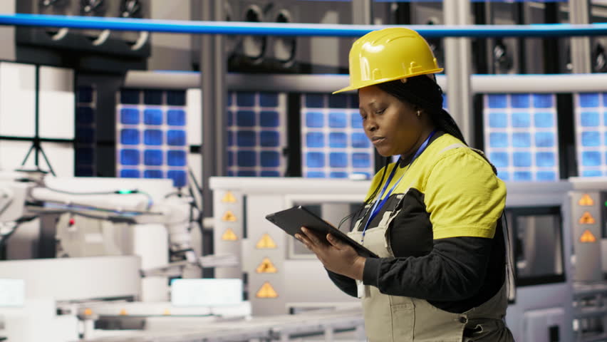 Technician overseeing solar energy installation process, troubleshooting automated machinery, calibrating robotic arms in renewable energy manufacturing facility, camera B - Powered by Shutterstock - Get 15% off with code: PIKWIZARD15