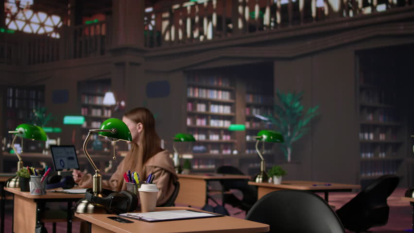 Confident student gathers information and citations from reliable sources via massive database at university library, working on bachelor degree paper. Intelligent girl studies. Camera B.