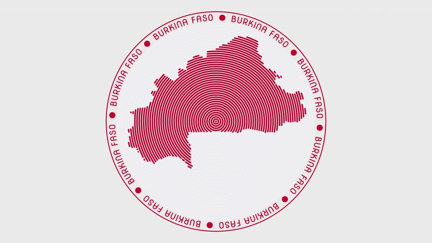 Burkina Faso shape with dynamic circles visual effect. Animation of Burkina Faso logo appearing from rotating rings and Country name around the shape. Intro, opening, closing, logo video.