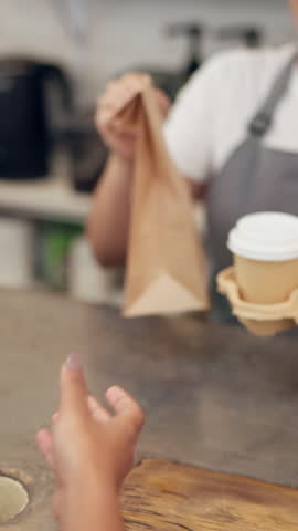 Hands, barista and customer in coffee shop, takeaway and purchase of hot beverage, cup or morning. Hospitality, consumer and server with package in small business, people or sale of breakfast in cafe