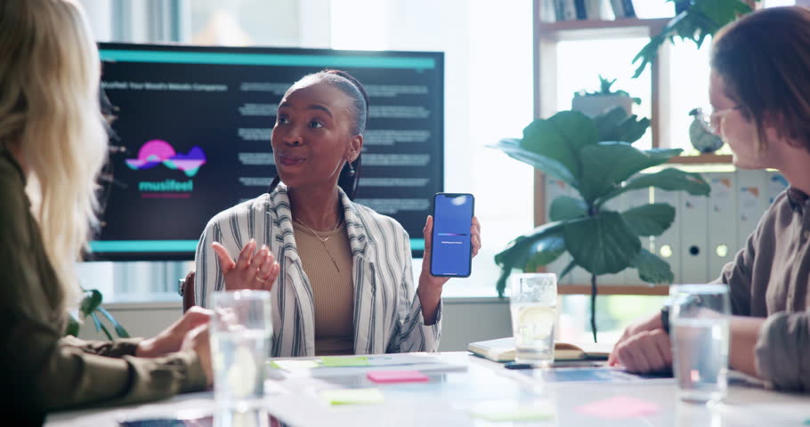Business woman, phone screen and presentation for app development, explain UI or application functions for funding. Meeting, pitch for investors or collaboration with UX designer and mobile tech